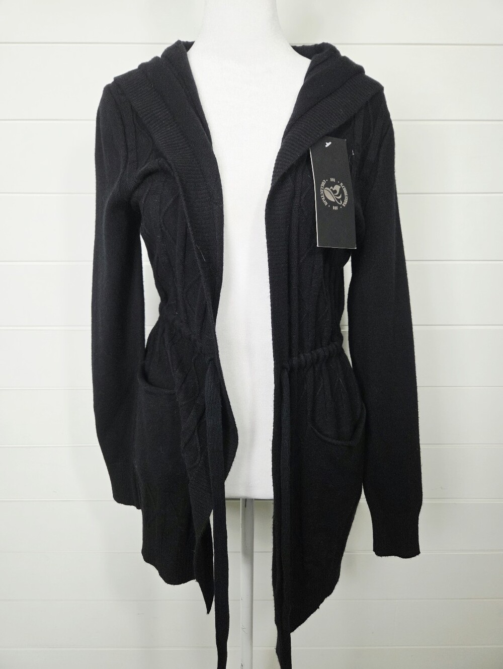 S. Christina Cashmere Black Hooded Open Front Cardigan Sweater S/M
